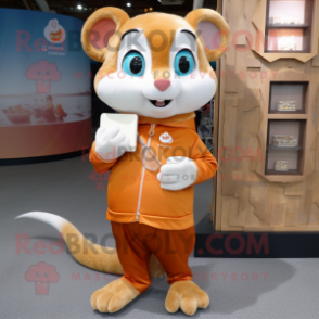 Orange Dormouse mascot costume character dressed with a Chinos and Coin purses