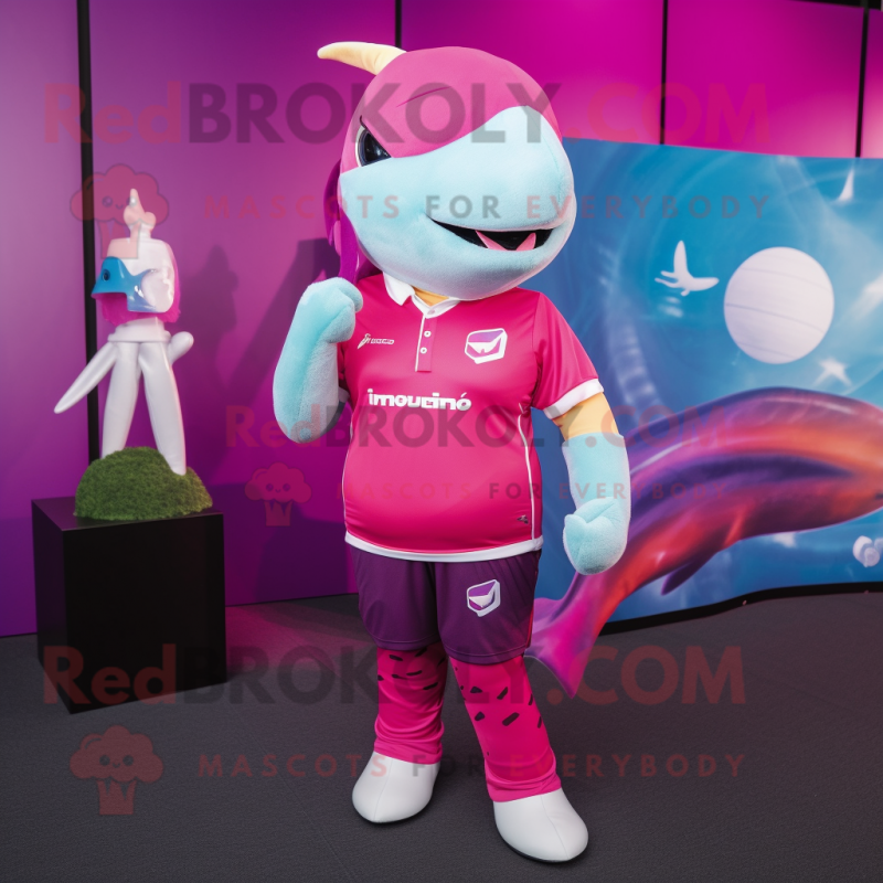 Magenta Narwhal mascot costume character dressed with a Rugby Shirt and Earrings