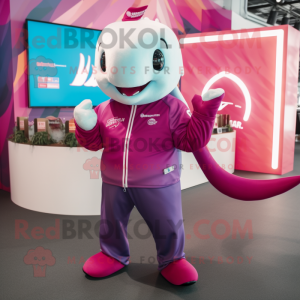 Magenta Narwhal mascot costume character dressed with a Rugby Shirt and Earrings