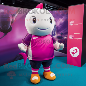 Magenta Narwhal mascot costume character dressed with a Rugby Shirt and Earrings