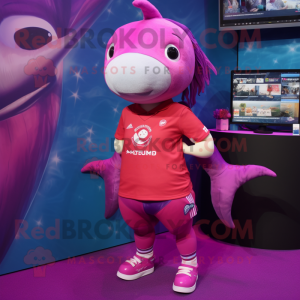 Magenta Narwhal mascot costume character dressed with a Rugby Shirt and Earrings