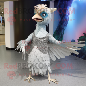 Silver Archeopteryx mascot costume character dressed with a Maxi Skirt and Hairpins