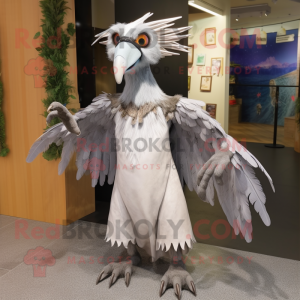 Silver Archeopteryx mascot costume character dressed with a Maxi Skirt and Hairpins