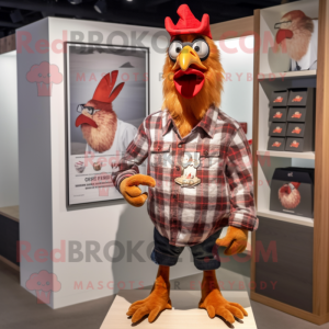 Red Rooster mascot costume character dressed with a Flannel Shirt and Brooches