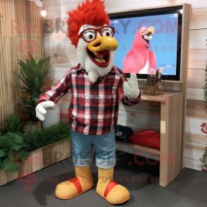 Red Rooster mascot costume character dressed with a Flannel Shirt and Brooches