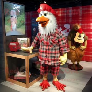 Red Rooster mascot costume character dressed with a Flannel Shirt and Brooches