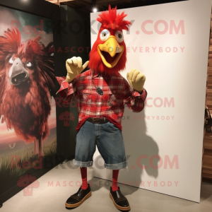 Red Rooster mascot costume character dressed with a Flannel Shirt and Brooches