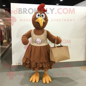 Brown Chicken mascot costume character dressed with a Pleated Skirt and Tote bags