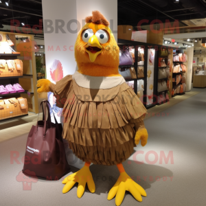 Brown Chicken mascot costume character dressed with a Pleated Skirt and Tote bags