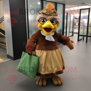 Brown Chicken mascot costume character dressed with a Pleated Skirt and Tote bags