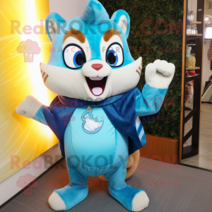 Cyan Chipmunk mascot costume character dressed with a Flare Jeans and Shawl pins