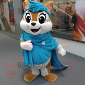 Cyan Chipmunk mascot costume character dressed with a Flare Jeans and Shawl pins