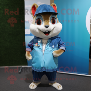 Cyan Chipmunk mascot costume character dressed with a Flare Jeans and Shawl pins