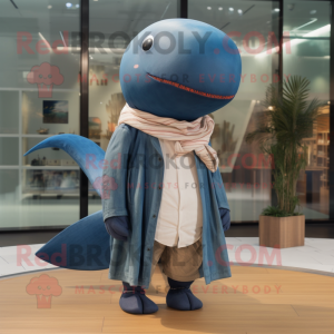 Rust Blue Whale mascot costume character dressed with a Jeans and Shawls