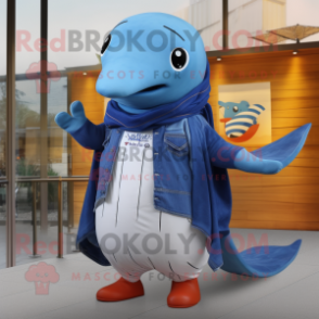 Rust Blue Whale mascot costume character dressed with a Jeans and Shawls