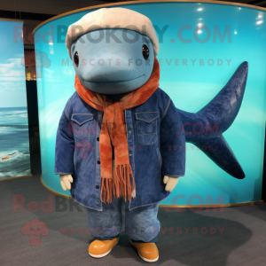 Rust Blue Whale mascot costume character dressed with a Jeans and Shawls