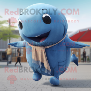 Rust Blue Whale mascot costume character dressed with a Jeans and Shawls