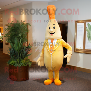 Gold Carrot mascot costume character dressed with a Graphic Tee and Lapel pins