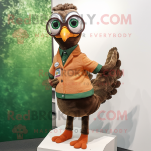 Brown Peacock mascot costume character dressed with a Skinny Jeans and Eyeglasses