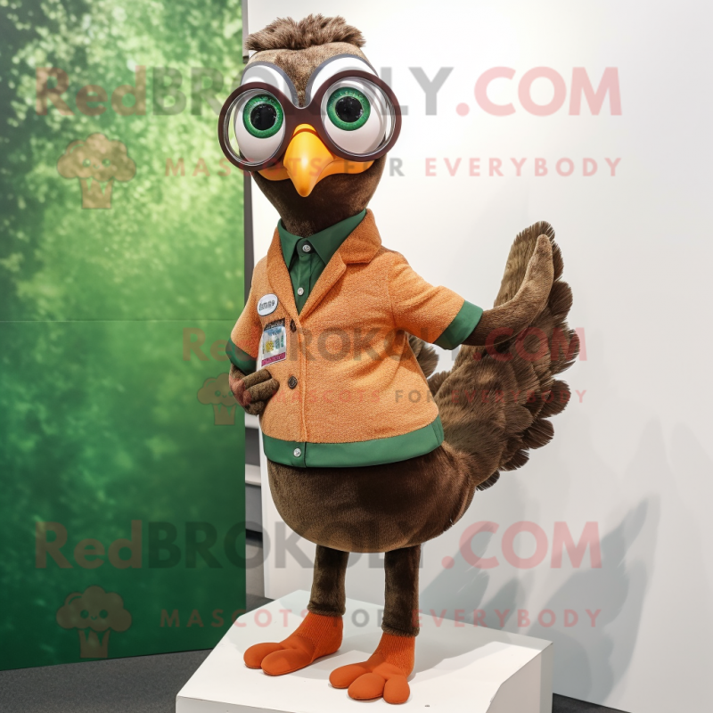 Brown Peacock mascot costume character dressed with a Skinny Jeans and Eyeglasses Brown Peacock mascot costume character dressed with a Skinny Jeans and Eyeglasses
