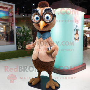 Brown Peacock mascot costume character dressed with a Skinny Jeans and Eyeglasses