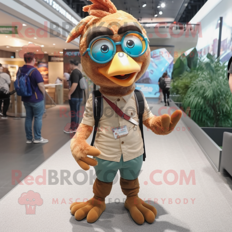 Brown Peacock mascot costume character dressed with a Skinny Jeans and Eyeglasses Brown Peacock mascot costume character dressed with a Skinny Jeans and Eyeglasses