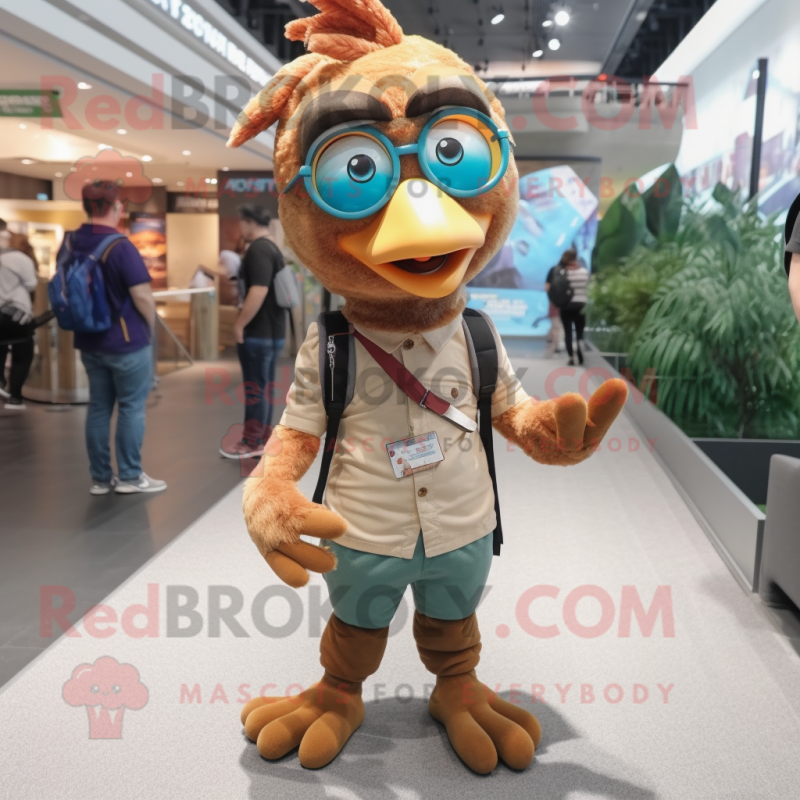 Brown Peacock mascot costume character dressed with a Skinny Jeans and Eyeglasses