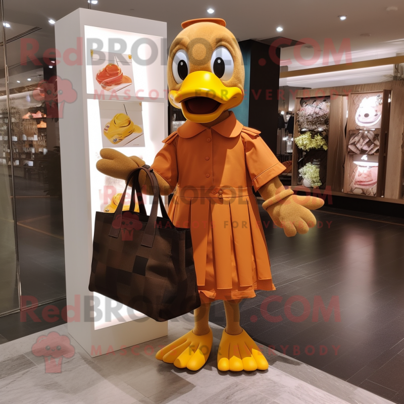 Rust Duck mascot costume character dressed with a Shift Dress and Tote bags