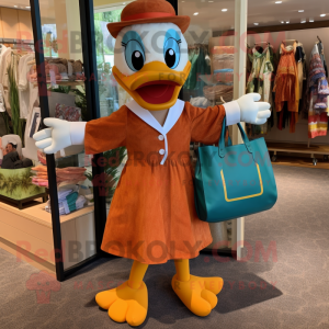 Rust Duck mascot costume character dressed with a Shift Dress and Tote bags