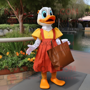 Rust Duck mascot costume character dressed with a Shift Dress and Tote bags