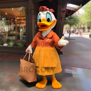 Rust Duck mascot costume character dressed with a Shift Dress and Tote bags