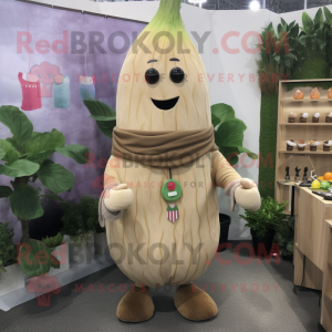 Tan Beet mascot costume character dressed with a Cardigan and Necklaces