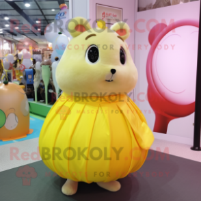 Yellow Hamster mascot costume character dressed with a Ball Gown and Lapel pins