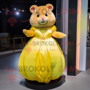 Yellow Hamster mascot costume character dressed with a Ball Gown and Lapel pins