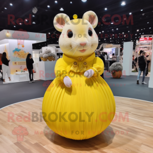 Yellow Hamster mascot costume character dressed with a Ball Gown and Lapel pins