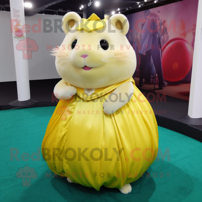 Yellow Hamster mascot costume character dressed with a Ball Gown and Lapel pins Yellow Hamster mascot costume character dressed with a Ball Gown and Lapel pins