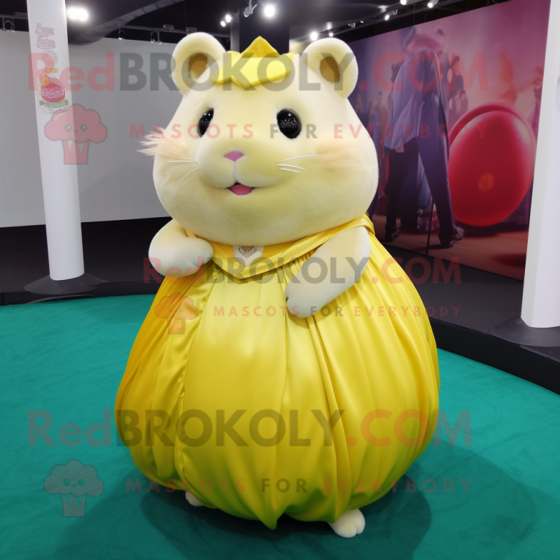 Yellow Hamster mascot costume character dressed with a Ball Gown and Lapel pins