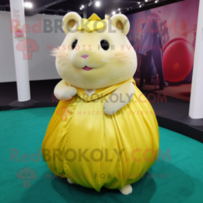 Yellow Hamster mascot costume character dressed with a Ball Gown and Lapel pins