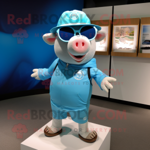 Sky Blue Pig mascot costume character dressed with a Board Shorts and Hat pins