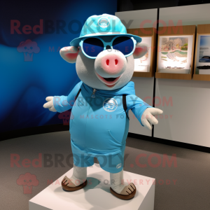 Sky Blue Pig maskot kostym...