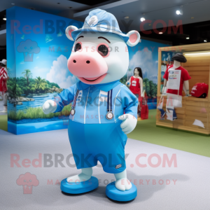 Sky Blue Pig mascot costume character dressed with a Board Shorts and Hat pins