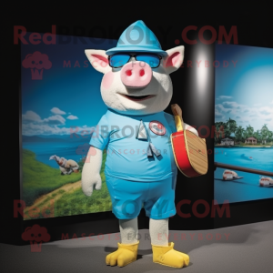 Sky Blue Pig mascot costume character dressed with a Board Shorts and Hat pins