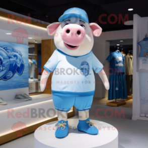 Sky Blue Pig mascot costume character dressed with a Board Shorts and Hat pins