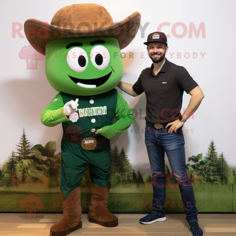 Forest Green Cowboy mascot costume character dressed with a Tank Top and Smartwatches