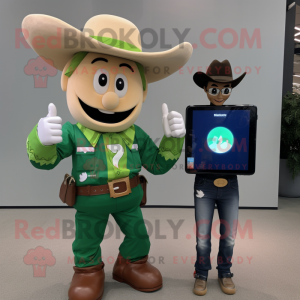Forest Green Cowboy mascot costume character dressed with a Tank Top and Smartwatches