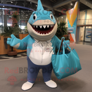 Turquoise Megalodon mascot costume character dressed with a Poplin Shirt and Tote bags