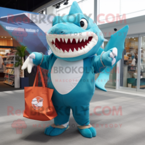 Turquoise Megalodon mascot costume character dressed with a Poplin Shirt and Tote bags