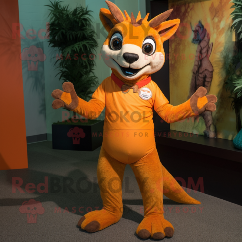 Orange Chupacabra mascot costume character dressed with a Henley Tee and Foot pads