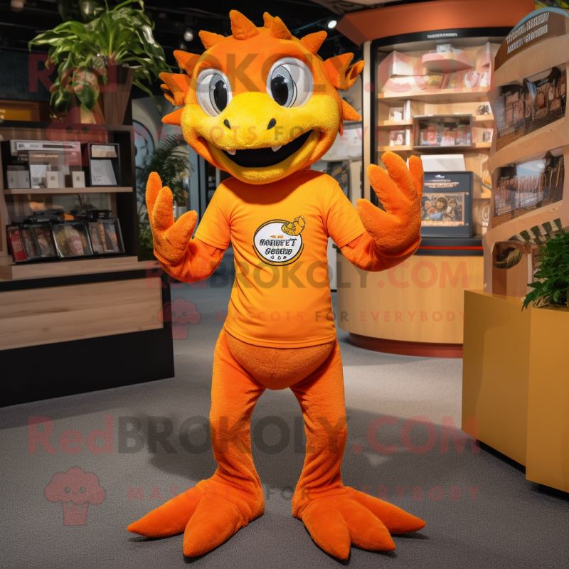 Orange Chupacabra mascot costume character dressed with a Henley Tee and Foot pads Orange Chupacabra mascot costume character dressed with a Henley Tee and Foot pads
