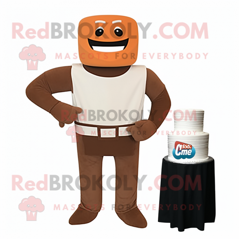 Rust Wedding Cake mascot costume character dressed with a Rash Guard and Suspenders Rust Wedding Cake mascot costume character dressed with a Rash Guard and Suspenders
